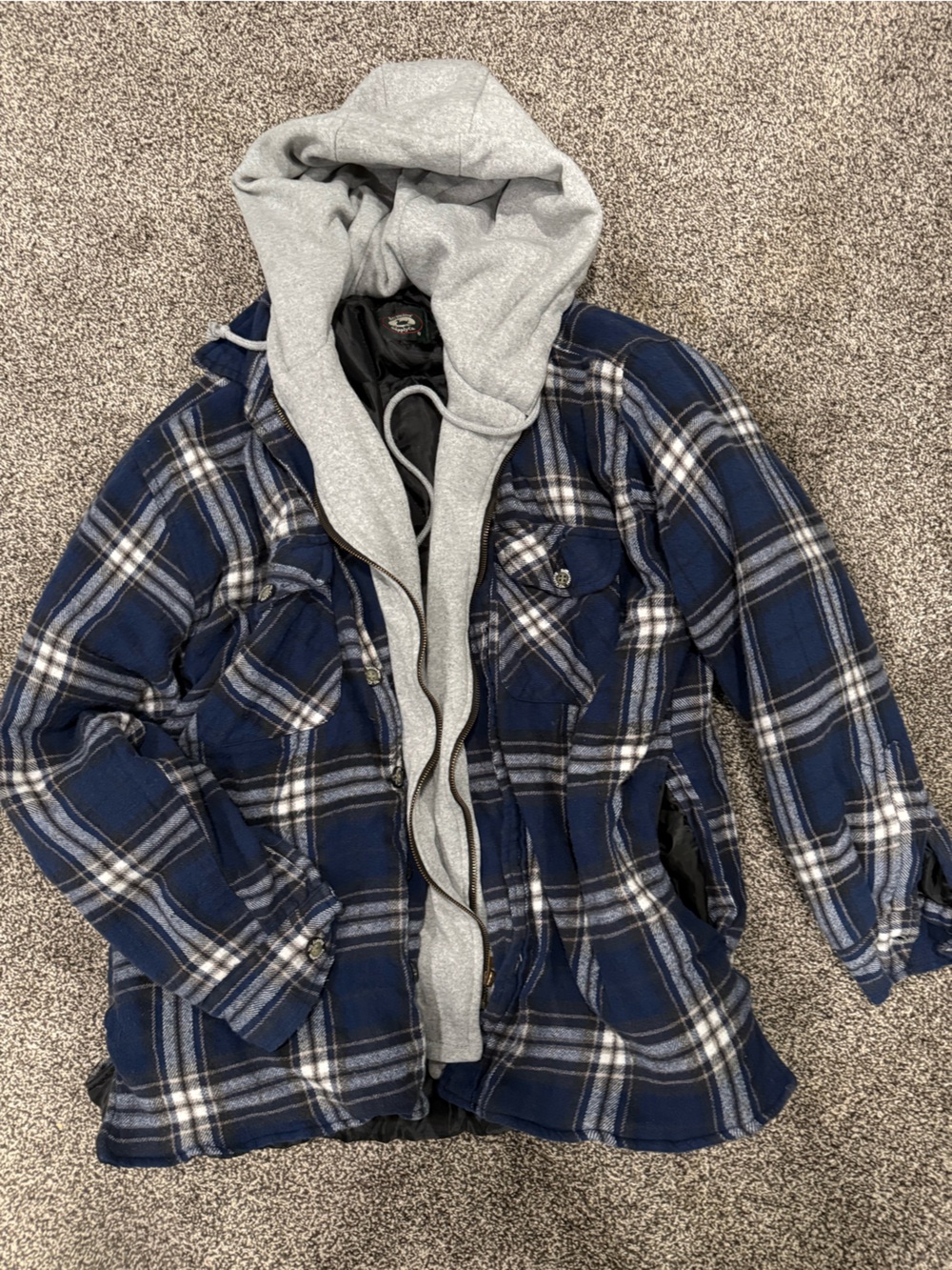 Blue Plaid Hooded Flannel Jacket with Grey Lined Hood